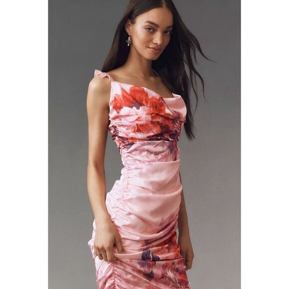 BHLDN Callie Sleeveless Ruched Floral Charmeuse Midi Dress - Picture 3 of 13